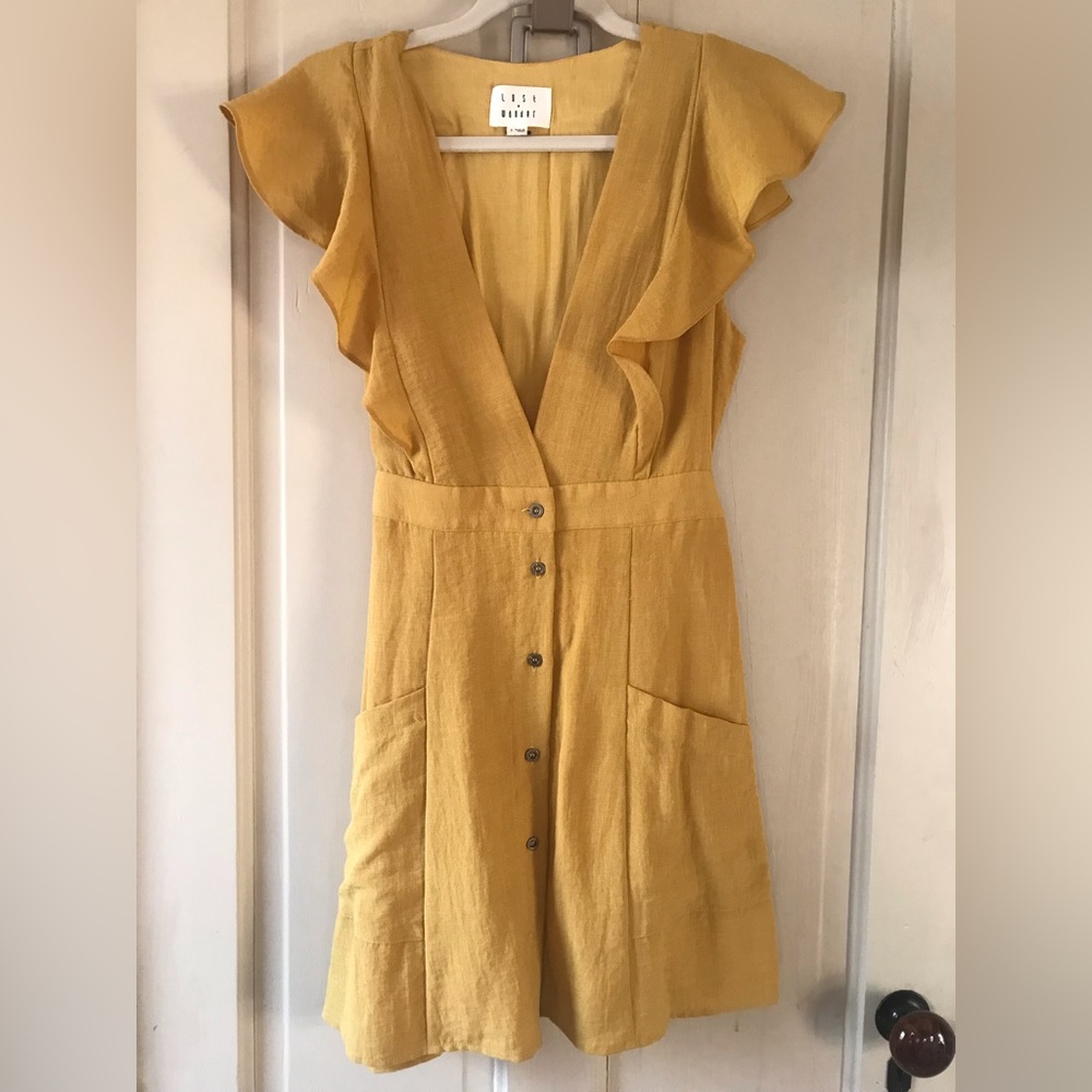 Lost + Wander Deep V A-Line Mini Dress Size Small Beautiful Mustard Color